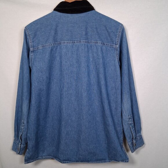 Vintage Basic Editions Holiday Christmas Shirt M Denim Chambray Jean Ornaments - Picture 4 of 16